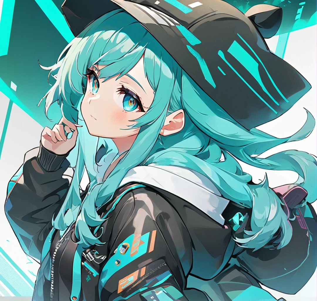 Close-up of a person wearing a hat and jacket, Anime VTuber Full Body Model, Style Anime, Anime full body illustration, Costume Design, Anime Character Design, pretty Anime Character Design, Anime set style, Girls Frontline Style, Turquoise hair anime girl, Full body character design, Anime female full body art, Anime Concept Art, Cyberpunk anime girl in a hoodie