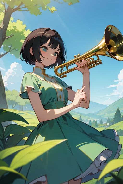 masterpiece,best quality,super detailed,super fine illustration,8k,pov scene,beautiful background,anime style,a girl,short hair,smile face,dress,Break she plays a trumpet.,perfect hands,perfect fingers,break perfect trumpet,detailed trumpet,break masterpiece,best quality,beautiful beautiful beautiful,break blue sky,green forest,artistic,