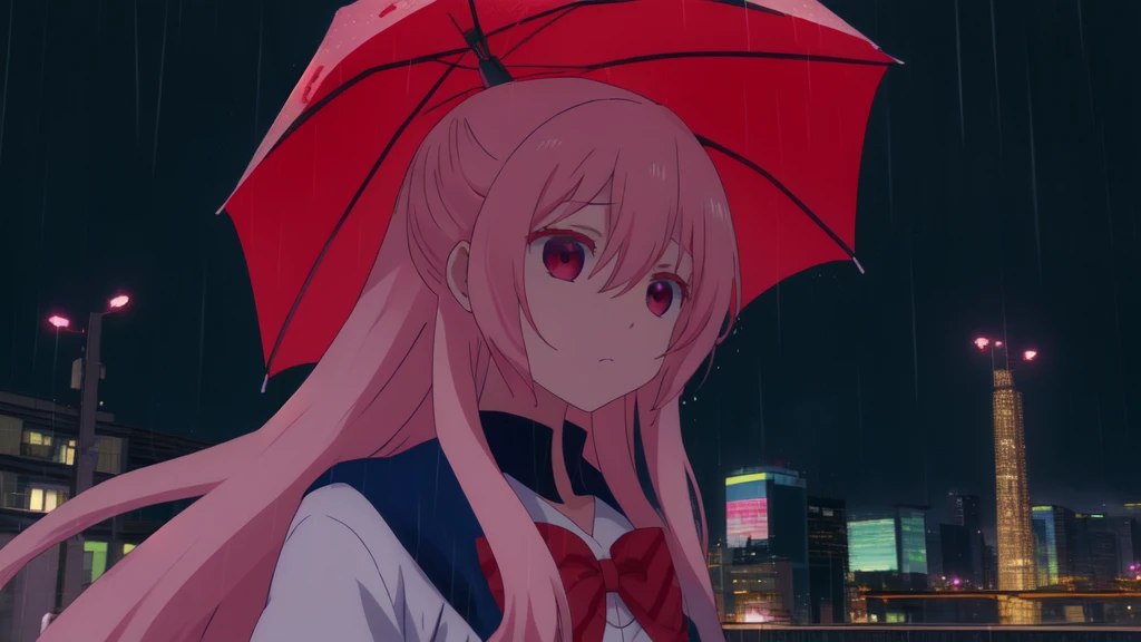 masterpiece, best quality, city background, rainy, 1girl, solo, upper body, bow, serafuku, satou, emotionless, expressionless, anime wallpaper 4k, detailed background
