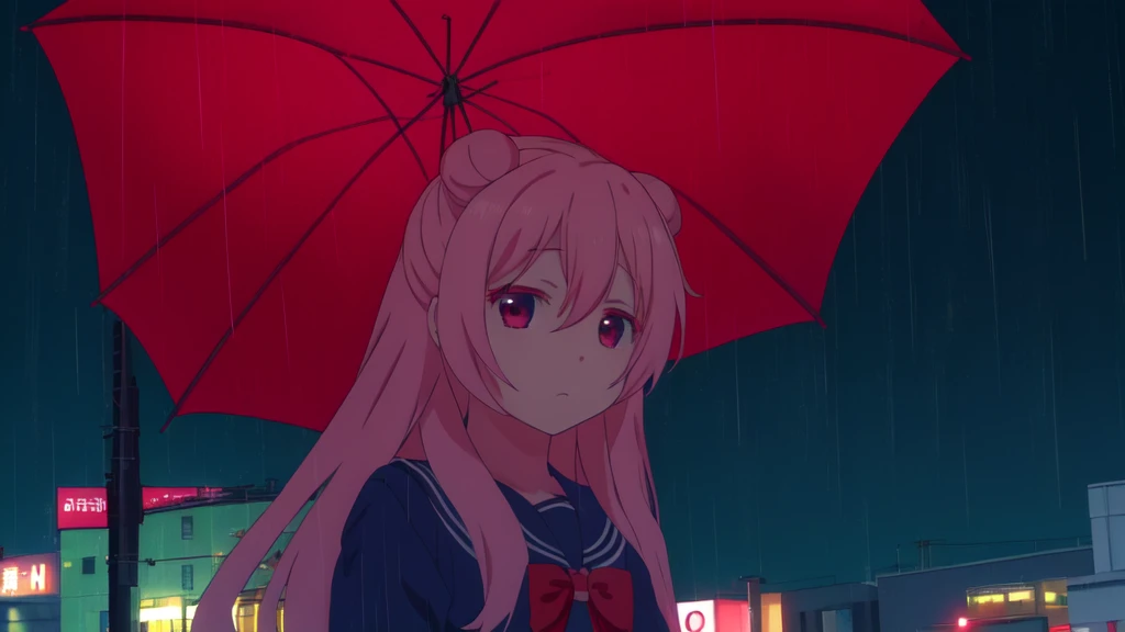 masterpiece, best quality, city background, rainy, 1girl, solo, upper body, bow, serafuku, satou, emotionless, expressionless, anime wallpaper 4k, detailed background