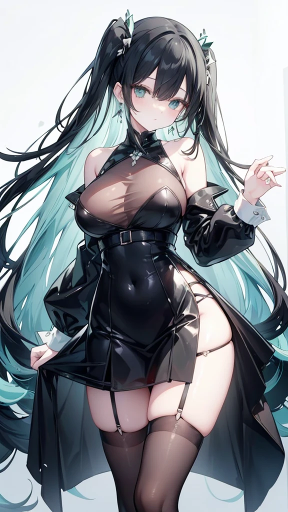 Long Black Hair、Half Up、Mint accents、Slanted Eyes、Mint-colored eyeint colored earrings、Big Breasts、Shoulder Bare、Black clothes、See-through、Black Skirt、tights、garter belt