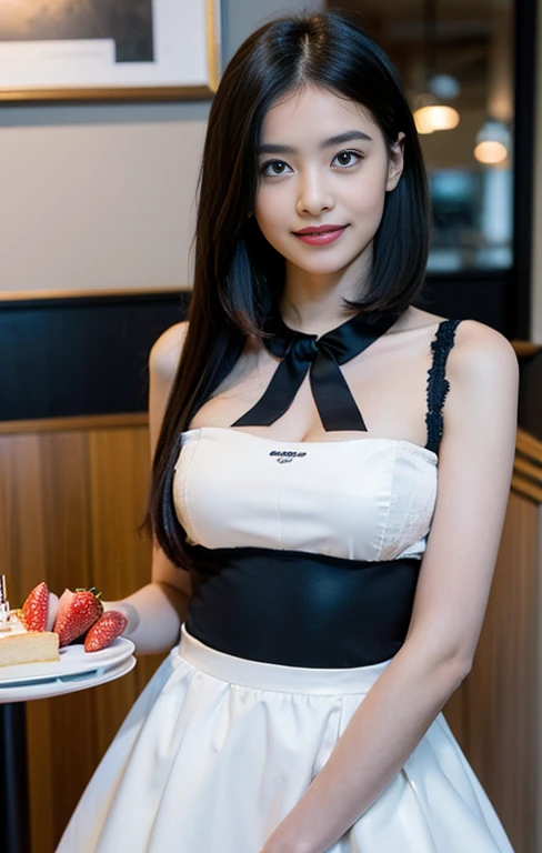 (A gorgeous lady, 32yo, with beautiful detailed eyes, friendly and kind smile, beautiful detailed lips, extremely detailed eyes and face, long eyelashes, a gentle face, in a coffee shop, as a waitress bringing a cake to the table, with bob haircut, healthy figure, modest bosom, wearing a Gothic Lolita semi-costume and maid costume with a strawberry image, clothes that are mainly white, flesh-colored pantyhose, high-heels, SFW, Family-friendly, (best quality,4k,8k,highres,masterpiece:1.2),ultra-detailed,(realistic,photorealistic,photo-realistic:1.37),HDR,UHD,studio lighting,ultra-fine painting,sharp focus,physically-based rendering,extreme detail description,professional,vivid colors,bokeh,portraits,photography)