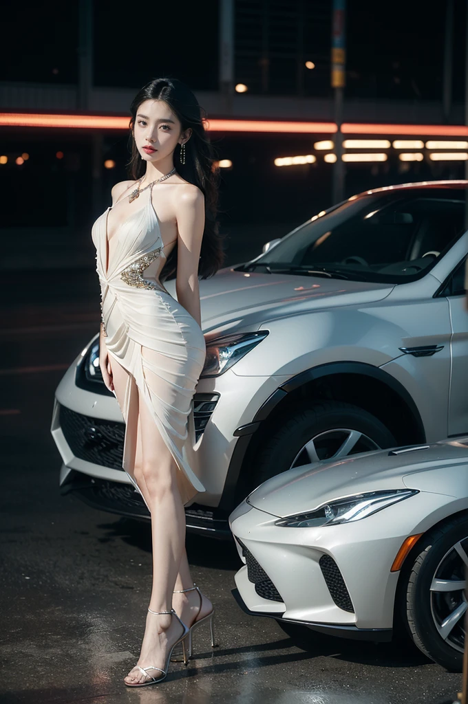 (((best quality))),(((ultra detailed))),(((masterpiece))),illustration,((1girl,gorgeous female model,solo)),((earrings,crystal necklace)),((slim,thin)),((small breasts,flat chest)),(slender legs:1.2),(high heels:1.2),(standing:1.3),(arms behind back:1.3),(beside a sleek futuristic car:1.3),(sparkled dress:1.3),intricate embellishments,drop-dead gorgeous,(shoulder length straight hair:1.2),vibrant piercing eyes,delicate facial features,rosy cheeks,parted res lips,confident allure,beauty grace,intricate patterns,shimmering fabric,elegant draping,complementary skin tone,radiates beauty,allure,sleek streamlined design,futurism,smooth curves angles,ambient lighting,ethereal aura,intricate patterns,LED lights,glow,sea of activity,(surrounded by crowded crowds:1.3),examine cars,electric atmosphere,cyberpunk style,excitement anticipation,energy palpable,enthusiasm future automobiles,modern elegance,technological innovation,captivating vibrant scene,invite viewers step into future,embrace beauty,((from front,full body))