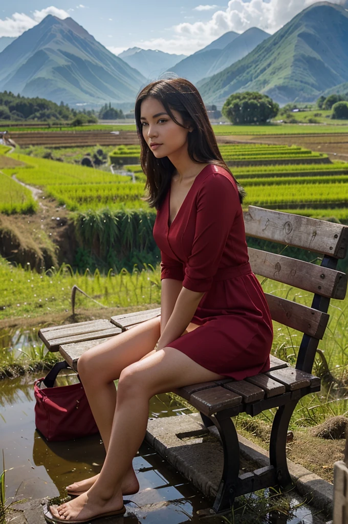 Karikatir 4 D A beautiful woman in a red dress is sitting on a bench looking at the rice fields with a mountain in the background 
