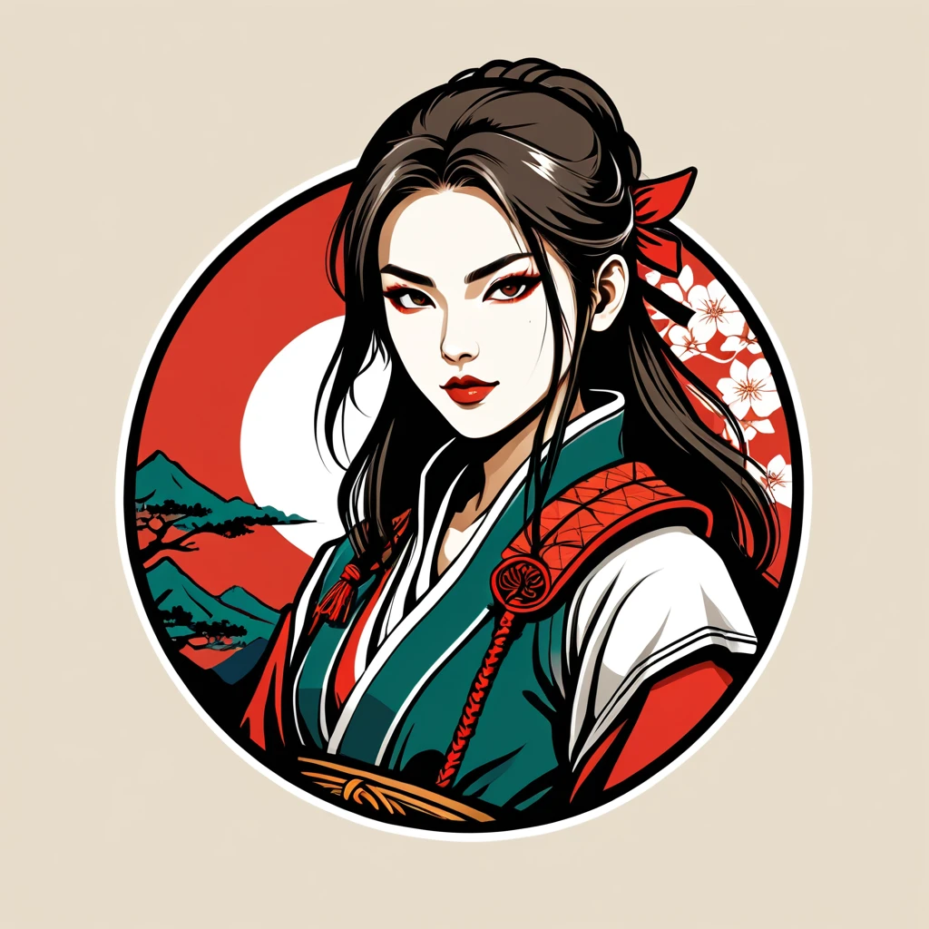 female rogue in japan folk outfit, vector graphics, strong contours, logo design
