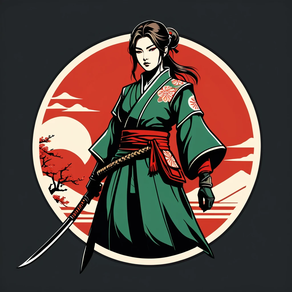 female rogue in japan folk outfit, vector graphics, strong contours, logo design