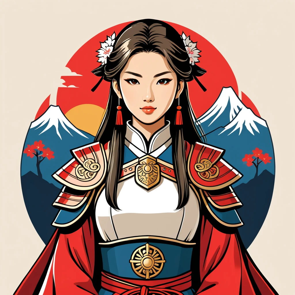 female paladin in japan folk outfit, vector graphics, strong contours, logo design
