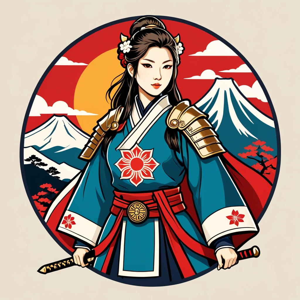 female paladin in japan folk outfit, vector graphics, strong contours, logo design
