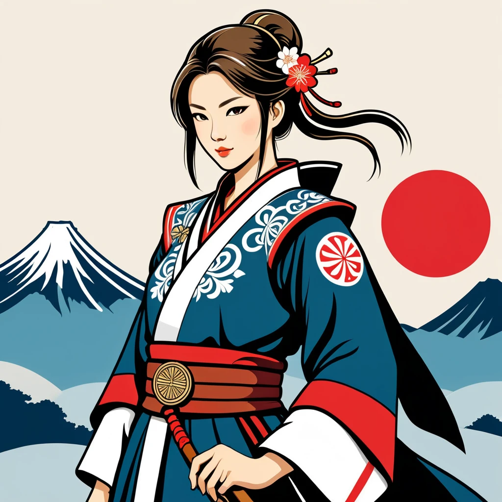 female paladin in japan folk outfit, vector graphics, strong contours, logo design
