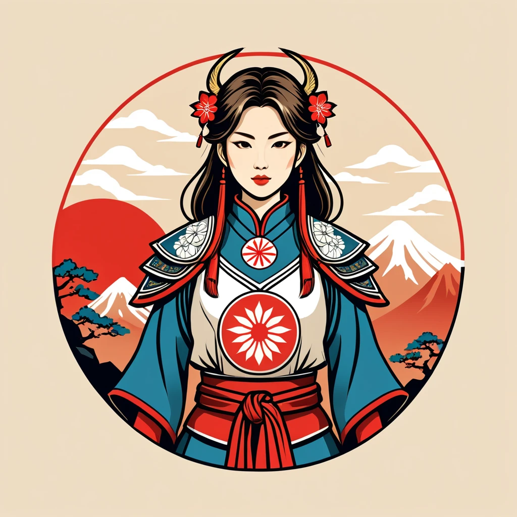 female paladin in japan folk outfit, vector graphics, strong contours, logo design
