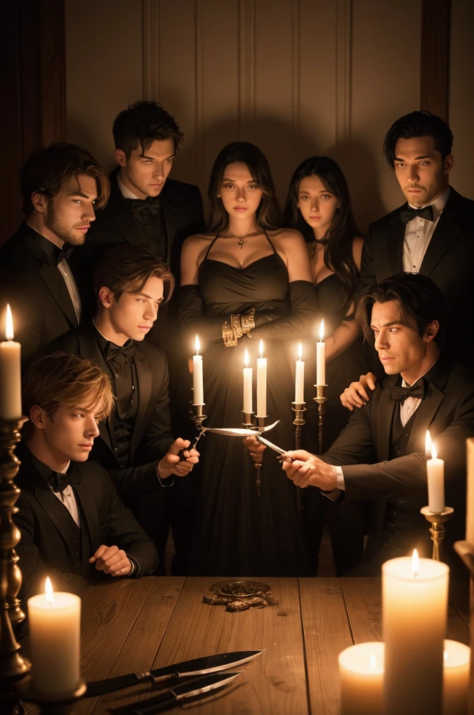 7 brothers (4 men and 3 women) gathered around a candlelit night wake with an air of mystery and melancholy. firm name (seven knifes)