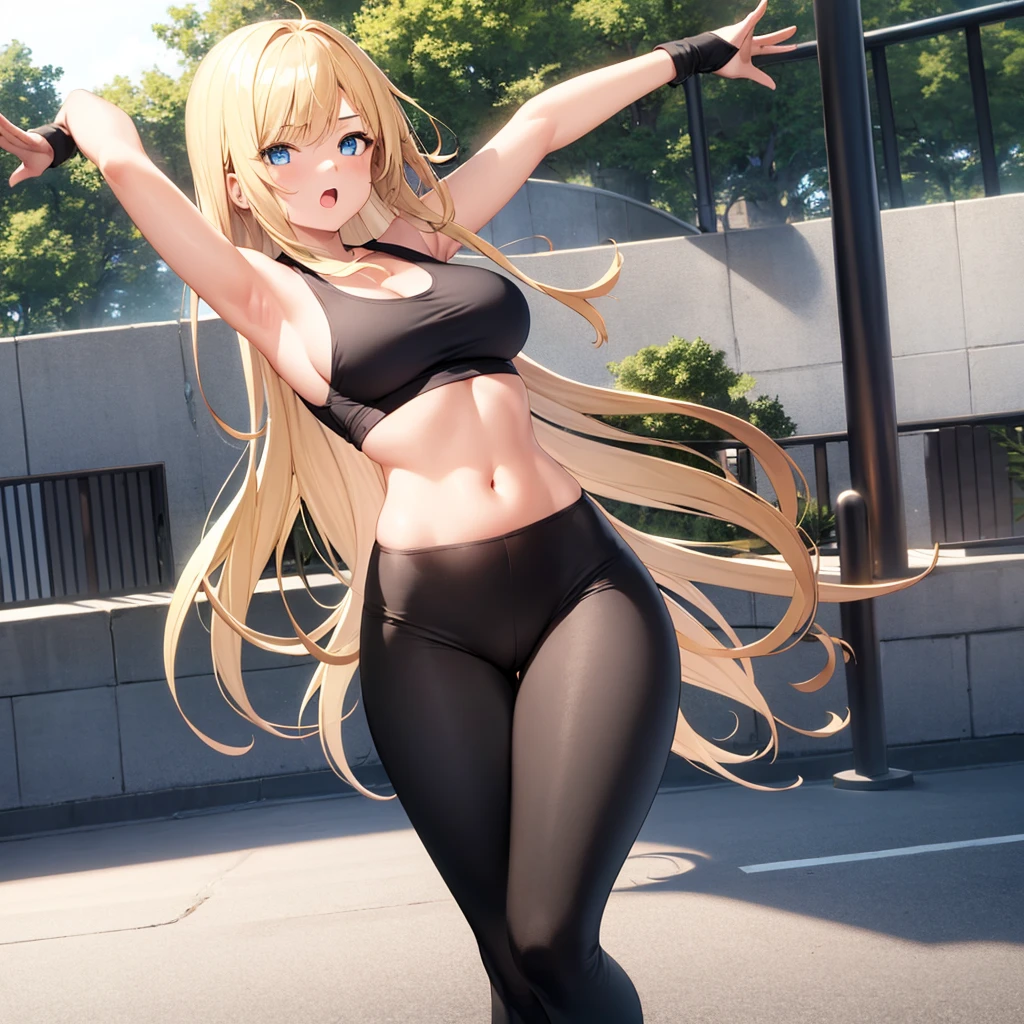 1girl, one person, long blonde hair, blue eyes, white tank top, tight fitting black pants. at the park. raised arms, underarms exposed.