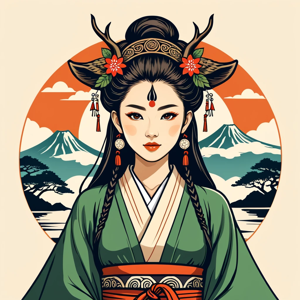 female druid in japan folk outfit, vector graphics, strong contours, logo design
