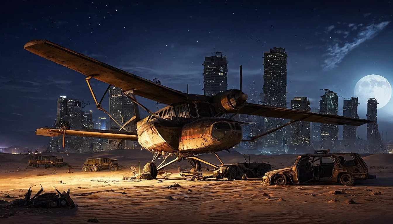 plane desert night city post apocalyptic