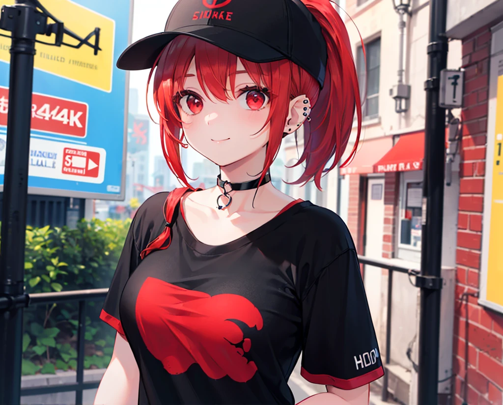 (Close-up:1.3),Realistic,Highest quality, Ultra Detail, High-quality CG rendering, The most delicate and beautiful, Floating softly, High resolution, (1 girl), (Highest quality,4K,8k,masterpiece:1.2),(All red hair:1.5), (ponytail:1.5),(Red eyes:1.5),(Slightly larger breasts:1.2), (Oversized black short sleeve t-shirt:1.3),(Black skinny jeans:1.3),(Black baseball cap:1.3),In the city,old buildings,Narrow back alley,Are standing,smile,(Piercing in left ear:1.3),(Pitch black choker:1.5)