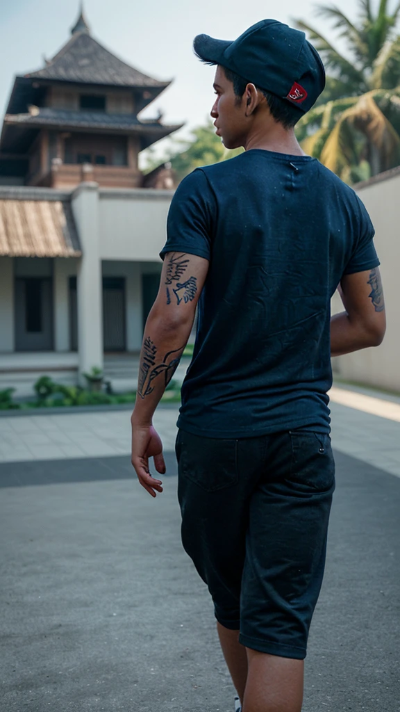 realistic photo, seen from behind a young Indonesian man with strong, tattooed hands, wearing a plain black t-shirt, wearing a black baseball cap backwards, wearing Converse shoes walking while smoking, the background of Majapahit is blurry, bright lighting focuses on the man, fantasy style, bright blue sky, 3d render,, 35mm f/1.8.,high color saturation. using deep sky blue, light navy blue, and violet colors.