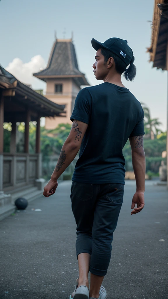 realistic photo, seen from behind a young Indonesian man with strong, tattooed hands, wearing a plain black t-shirt, wearing a black baseball cap backwards, wearing Converse shoes walking while smoking, the background of Majapahit is blurry, bright lighting focuses on the man, fantasy style, bright blue sky, 3d render,, 35mm f/1.8.,high color saturation. using deep sky blue, light navy blue, and violet colors.