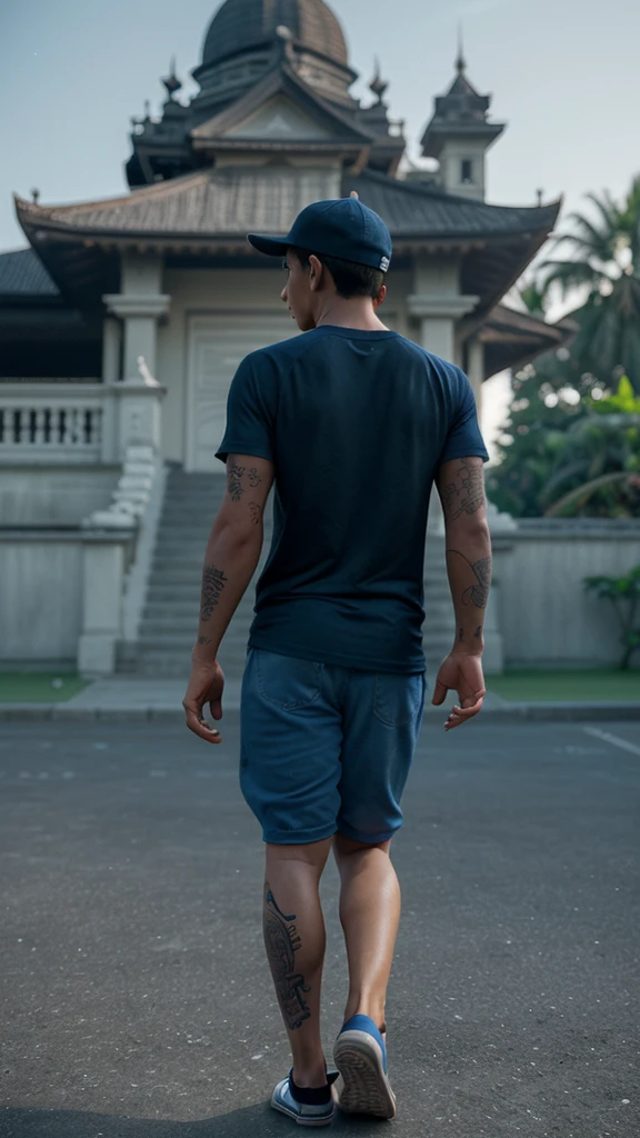 realistic photo, seen from behind a young Indonesian man with strong, tattooed hands, wearing a plain black t-shirt, wearing a black baseball cap backwards, wearing Converse shoes walking while smoking, the background of Majapahit is blurry, bright lighting focuses on the man, fantasy style, bright blue sky, 3d render,, 35mm f/1.8.,high color saturation. using deep sky blue, light navy blue, and violet colors.