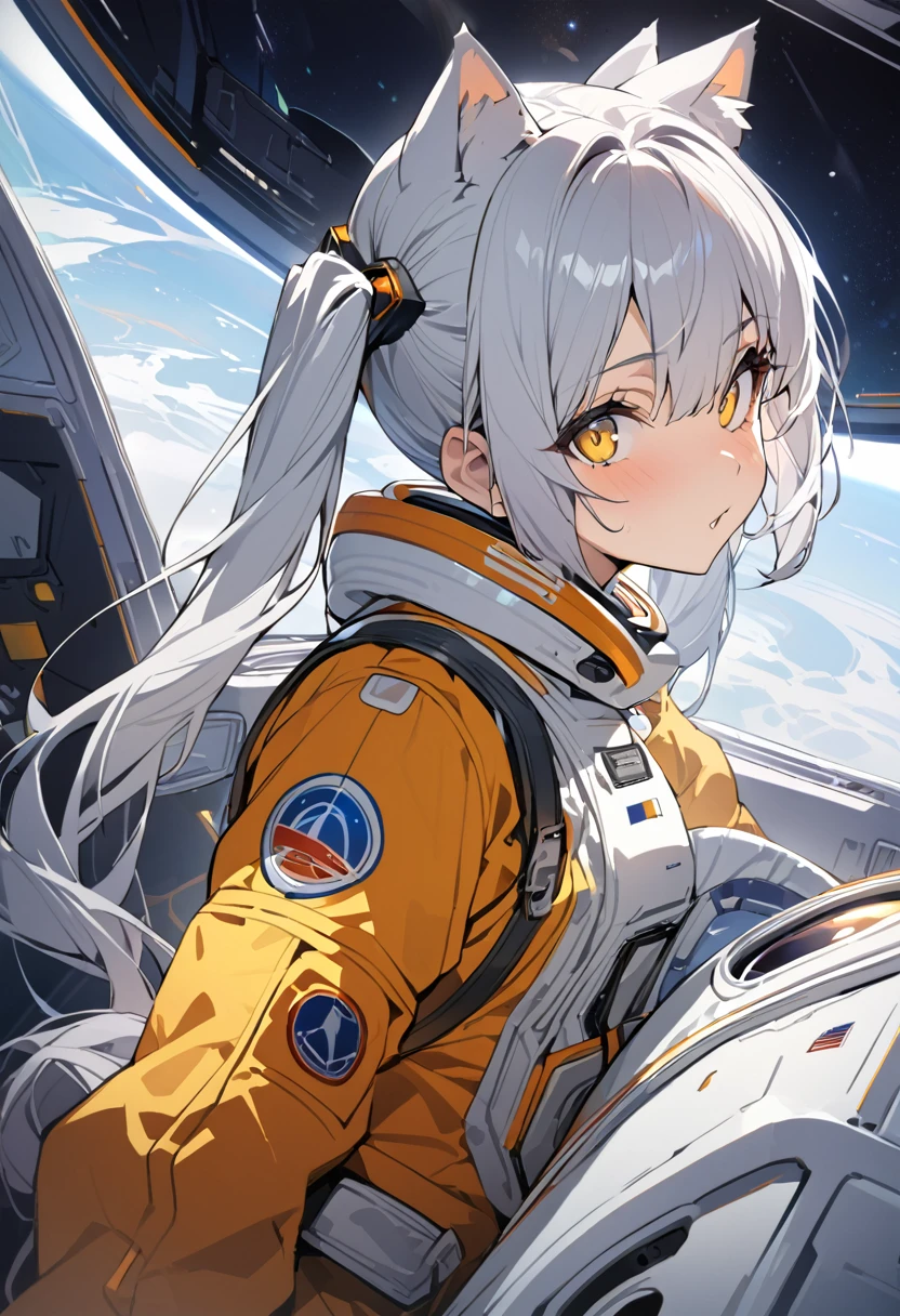 masterpiece, Highest quality, One girl, Inside the spaceship, Spacesuit, Upper Body, From the side, sf, Yellow Eyes, Twin tails, Silver Hair, Cat ear, View your viewers,