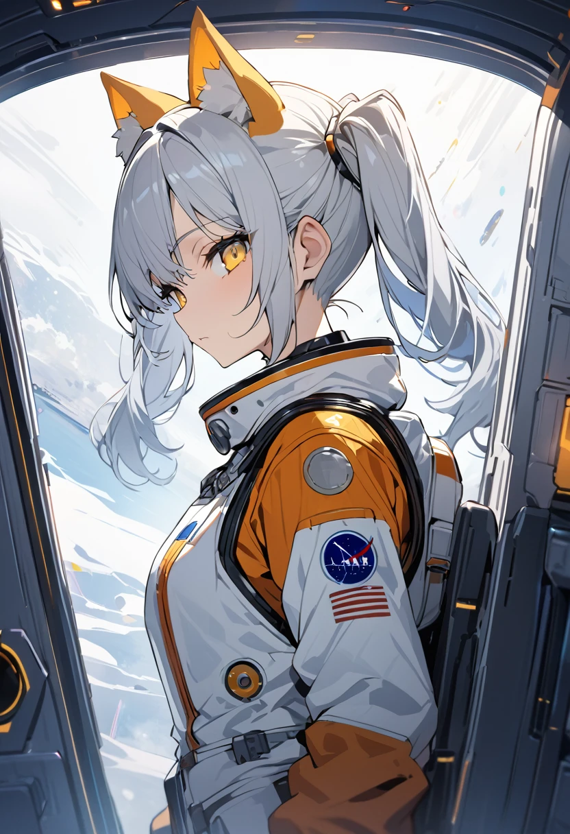 masterpiece, Highest quality, One girl, Inside the spaceship, Spacesuit, Upper Body, From the side, sf, Yellow Eyes, Twin tails, Silver Hair, Cat ear, View your viewers,