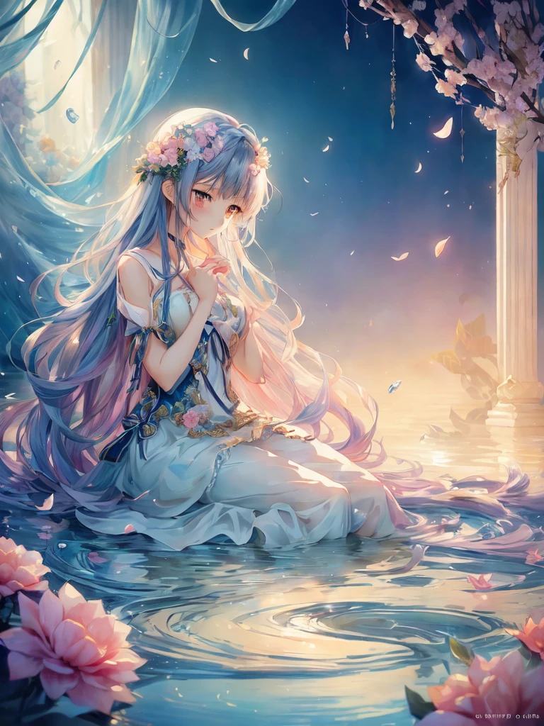 Long hair anime girl sitting in water with flowers, Beautiful fantasy anime, Anime fantasy illustration, Beautiful Anime artwork, Anime fantasy artwork, Beautiful Anime art, anime art wallpaper 4k, anime art wallpaper 4k, Anime Art Wallpapers 8K, Beautiful artwork illustration, Beautiful Anime, Beautiful Anime girl, Beautiful fantasy maiden, Beautiful fantasy art, Digital art on Pixiv