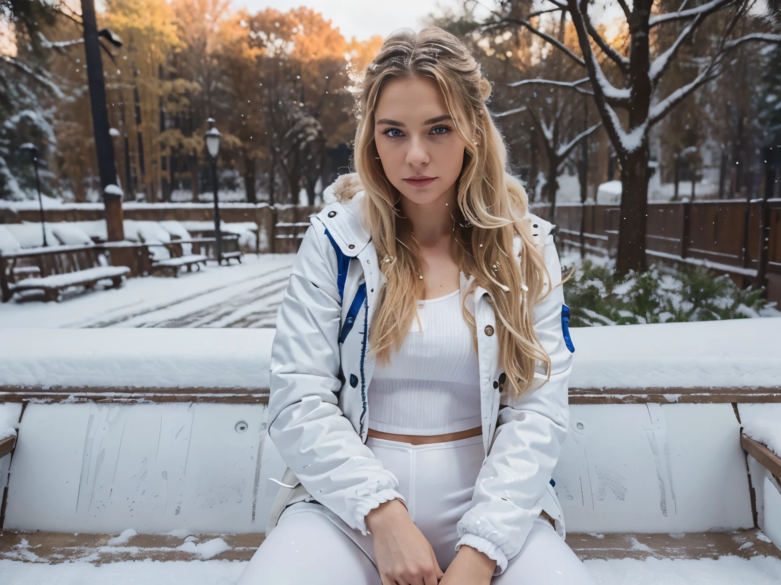 ((1 girl in, age 19, One, длинные волнистые blonde hair, wind tousled hair, blonde hair, (Dark blue eyes), Colossal , full body shot, (textured leather, skin pores:1.1))), imperfect skin, goosebumps, in the city park, wooden bench, snowy mountains, (extremely detailed 8K wallpaper), soft lighting, high quality, granularity, Fujifilm XT3 sharp focus, F 2.6, 135 mm, high detail, Sharp Focus,(natural light), (seductive), realistic, ультра realistic, фото realistic, Crazy details, complex parts, hyper detailed, (white winter jacket: 1.2), White leggings, best eye shape, Not NSFW
