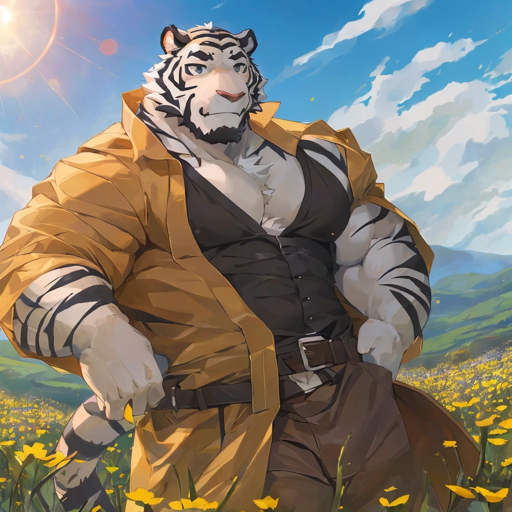 masterpiece,best quality,outdoor,Sunlight,Flower Field,plant,Male focus,Tiger-type orcs,(Athletic:1.5), (White fur,Black eyebrows:1.5), Onyx eyes,Black Nose,Five fingers,Strong body,Tiger Teeth,Pectoralis major,Eight-pack abs,Unbuttoning clothes to reveal chest muscles,belt,Transparent raincoat