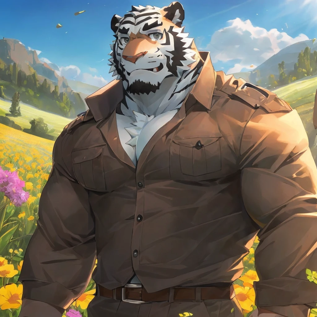 masterpiece,best quality,outdoor,Sunlight,Flower Field,plant,Male focus,Tiger-type orcs,(Athletic:1.5), (White fur,Black eyebrows:1.5), Onyx eyes,Black Nose,Five fingers,Strong body,Tiger Teeth,Pectoralis major,Eight-pack abs,Unbuttoning clothes to reveal chest muscles,belt,Transparent raincoat
