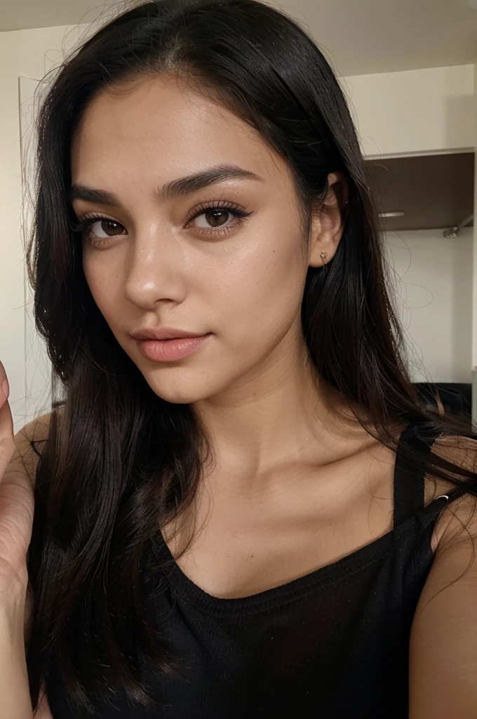 a magnificent young woman in her twenties, with Latino features. She has long, straight black hair that falls loosely over her shoulders. Her face has soft and balanced contours. She has large, well-defined dark brown eyes with long, thick eyelashes and well-arched black eyebrows. His nose is straight and slightly refined, proportionate to his face. Her lips are full and defined, with a natural color, and they are closed, contributing to her neutral expression. Her skin is matte, smooth and without visible imperfections. She is dressed properly. She takes a selfie with an iPhone. She holds her small credit card in her right hand.