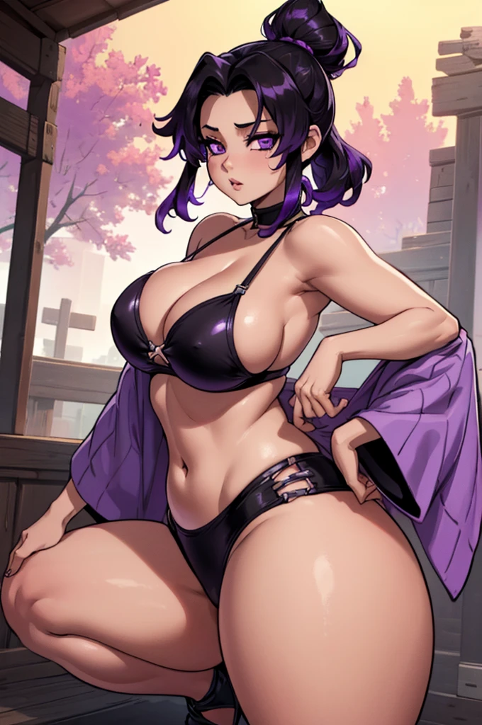 (Better Quality:1.3), (4K quality), Demon Slayer, (((Purple and black hair))), ((Detailed face)), ((Curvy Body)), (Big Boobs), Cleavage, sexy, ((Tong Bikini)), ((deck)), ((throw: Butt)), ((put: Crouched)),
