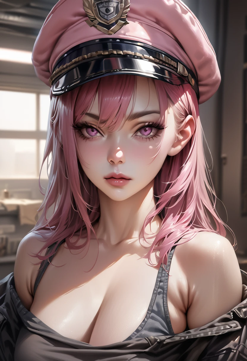 Highest quality, masterpiece, Ultra-high resolution, (Realistic:1.4), RAW Photos, One girl, Off the shoulder,police,Have a bad face,Pink NO