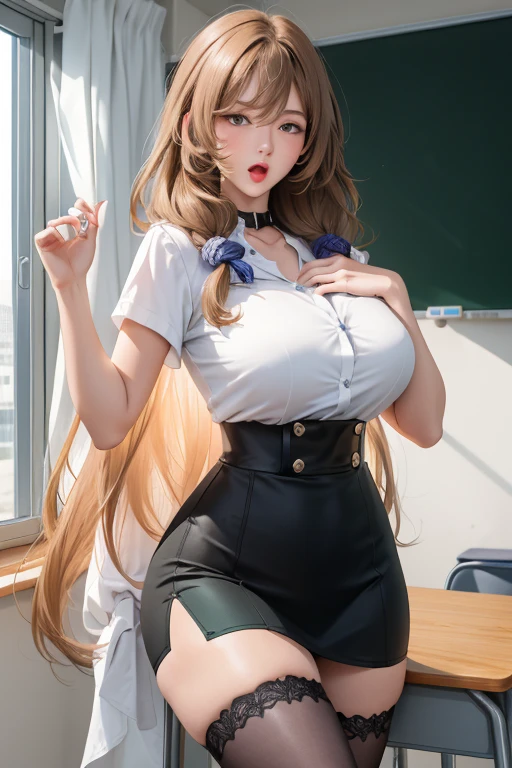 Lisa, Genshin Impact, 1 girl, Solitary, ((White shirt)), black High Leg Raise, Huge breasts, cleveage, , office background, Black skirt, Pleated Skirt, office, Hair between the eyes, Messy hair, Big breasts, Long hair, Looking at the audience, Brown hair, red short nails, Green Eyes, Solitary, High Leg Raise, Thick thighs, very Long hair, ((masterpiece)), classroom, machine, Chair, board, class board, Adult women, Sexy woman, put your hands on the chest, blush, open mouth, Eyes half closed