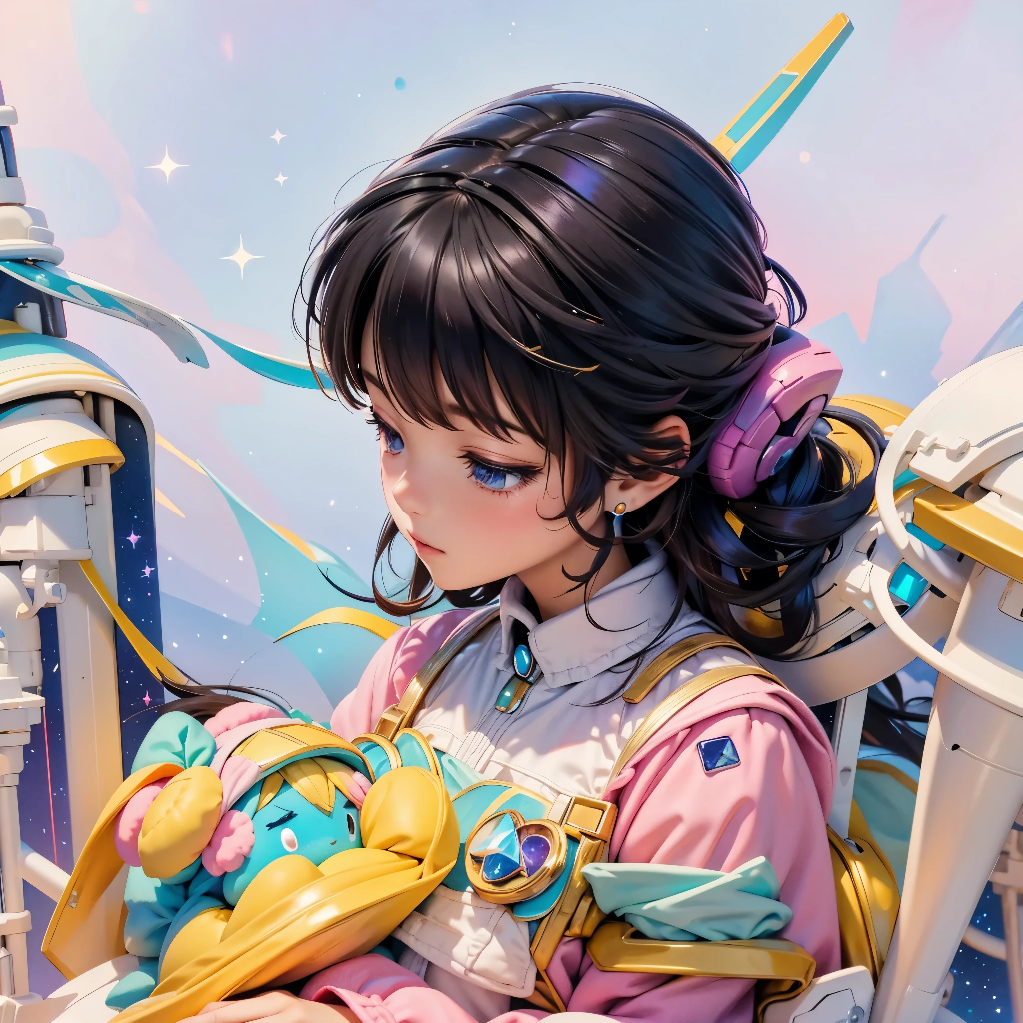 Young princess dreaming of nebula and galaxies, shooting stars, vibrant colors, night time sky background