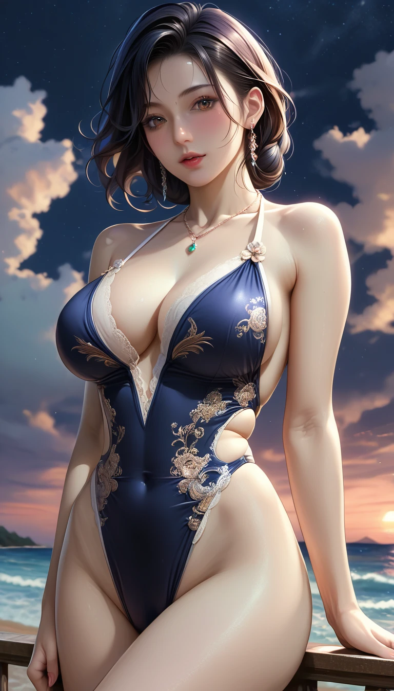 score_9, score_8_superior, score_7_superior, Masterpieces with up to 16K resolution,Highest quality,it is really amazing,Very detailed,Ultra-high resolution,Real,Realistic,Increased depth of field,Cinematic lighting,
(sexy japanese milf:1.5),
Long black hair,Ultra-detailed and beautiful faces,Translucent white skin,Very detailedな肌の質感,Slender body,Anatomically correct body,
(Elegant swimwear:1.5),
Artistic design,Beautiful and detailed pattern,Detailed fabric texture,
Gorgeous necklace,Earrings,
(Coastal scenery at night:1.5),
Dark Clouds,Dark Sky,delay々Continuing sandy beach, Deserted Beach,Dark sea surface,
Cinematic Angle,