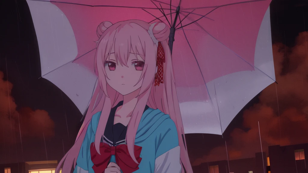 masterpiece, best quality, city background, rainy, 1girl, solo, upper body, bow, serafuku, satou, emotionless, expressionless, anime wallpaper 4k, detailed background, -umbrella