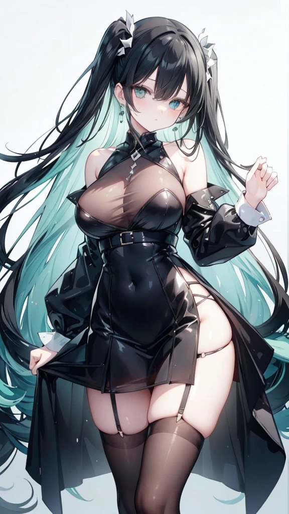 Long Black Hair、Half Up、Mint accents、Slanted Eyes、Mint-colored eyeint colored earrings、Big Breasts、Shoulder Bare、Black clothes、See-through、Black Skirt、tights、garter belt