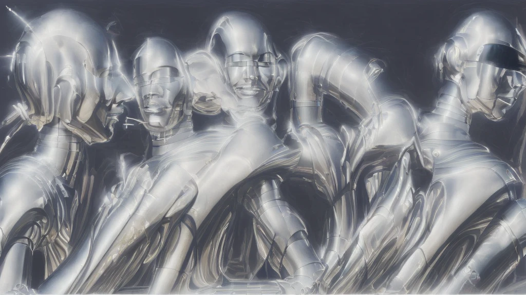 (masterpiece), Highest quality, (((Single color background,Grunge,Sharpness))), ((Shiny metallic texture,The face only has the mouth and nose)), ((Robot art,Retro futurism)),((Description of Hajime Sorayama))