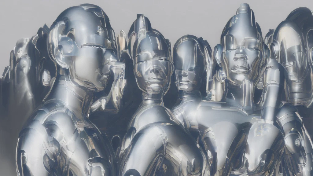 (Best Quality), Highest quality, (((Single color background,Grunge,Sharpness))), ((Shiny metallic texture,The face only has the mouth and nose)), ((Robot art,Retro futurism)),((Description of Hajime Sorayama))