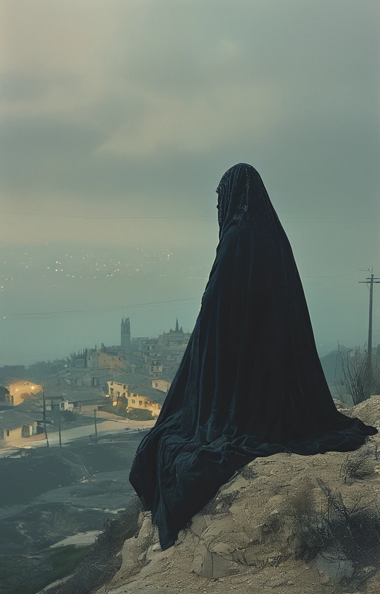 masterpiece,best quality,illustration,style of  Philip Lorca diCorcia, Nazgul over sleeping town