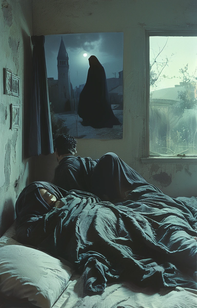 masterpiece,best quality,illustration,style of  Philip Lorca diCorcia, Nazgul over sleeping town