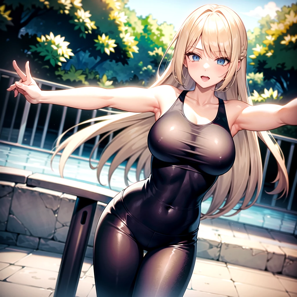 1girl, one person, long blonde hair, blue eyes, white tank top, tight fitting black pants. at the park. raised arms, underarms exposed.