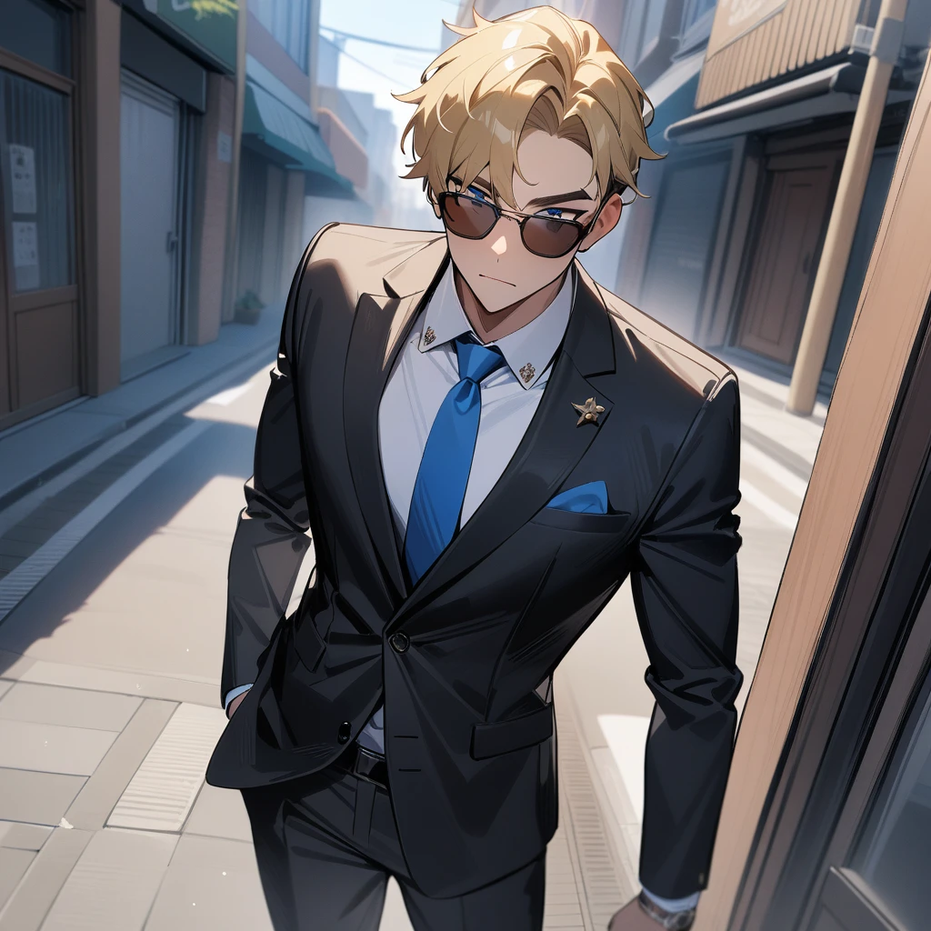 1boy,atractive,suit,brown and blonde hair,sunglasses,perfect blue eyes,empty street,cool,masterpiece,very aesthetic,newest,sensitive