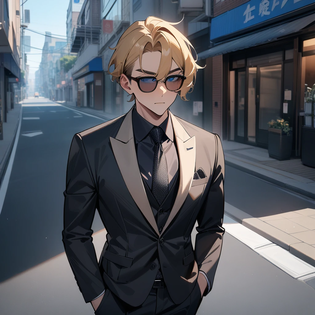1boy,atractive,suit,brown and blonde hair,sunglasses,perfect blue eyes,empty street,cool,masterpiece,very aesthetic,newest,sensitive