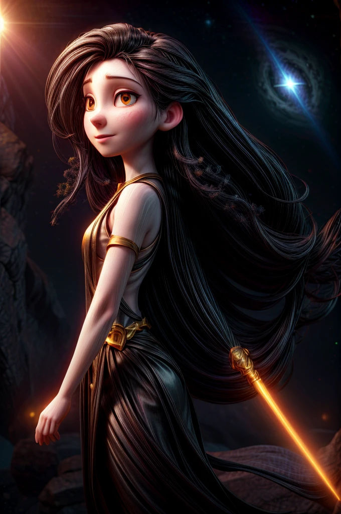 a woman with long black hair, pale skin, traveling in space, levitating with a golden aura, energy emanating from her head, universe and exoteric symbols in the background, photorealistic, cinematic lighting, hyper detailed, vibrant colors, dramatic composition, ethereal, mystical, surreal