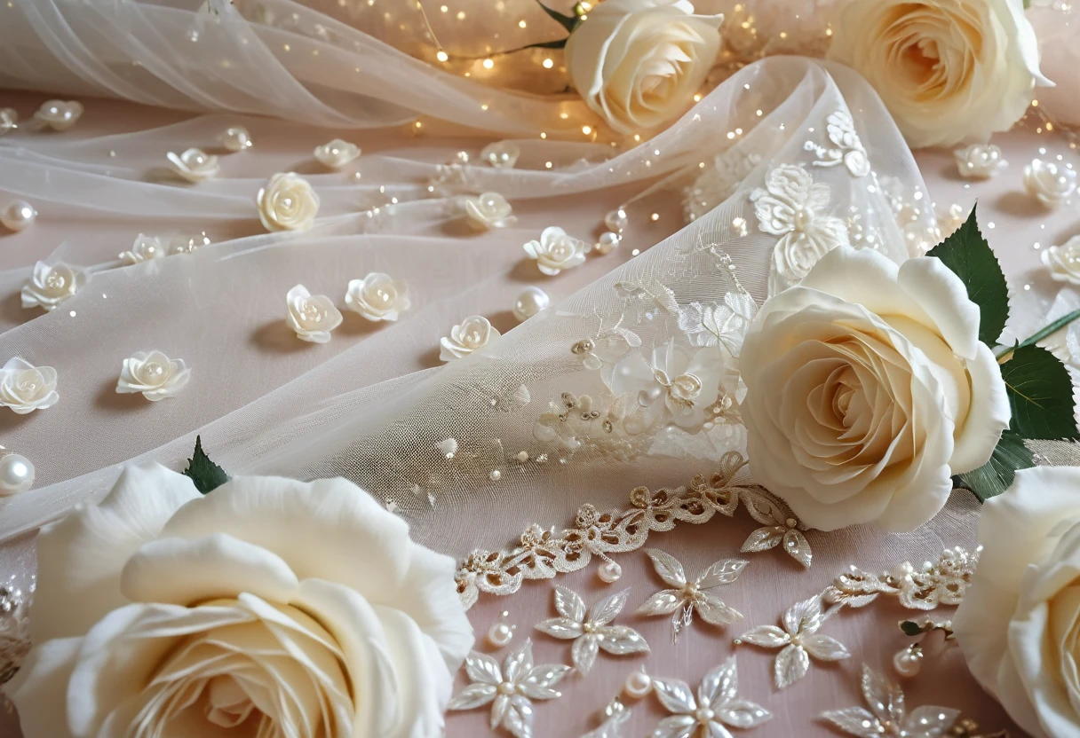 ((background only)),Overhead shot,(((masterpiece))), (((Highest quality))), ((Super detailed)), ((非常にdelicateで美しい)), (最高masterpiece:1.4),delicate,8k,((Arrange the square shaped fabric all over:1.5)),((Frills:1.5))((Beautiful layered tulle wallpaper:1.5))((Generate cloth only:1.4)),(Zooming in on the tulle fabric that fills the entire screen:1.4)Collage fabric,ghostwhite,Lots of tulle,Fairy tale,(Lots of small white roses),ribbon,Pearl ornament,Glitter ornaments,doily,(Shabby chic),Cute atmosphere,Soft atmosphere