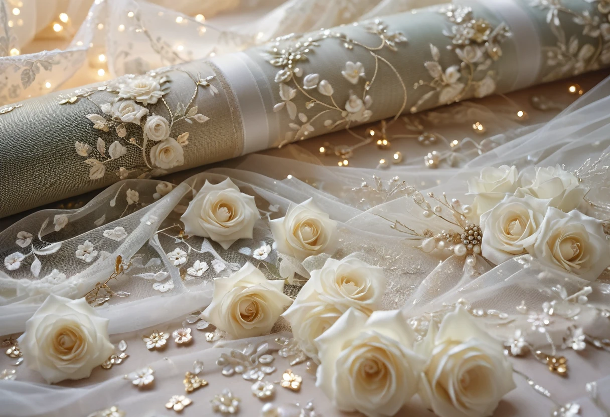 ((background only)),Overhead shot,(((masterpiece))), (((Highest quality))), ((Super detailed)), ((非常にdelicateで美しい)), (最高masterpiece:1.4),delicate,8k,((Arrange the square shaped fabric all over:1.5)),((Frills:1.5))((Beautiful layered tulle wallpaper:1.5))((Generate cloth only:1.4)),(Zooming in on the tulle fabric that fills the entire screen:1.4)Collage fabric,ghostwhite,Lots of tulle,Fairy tale,(Lots of small white roses),ribbon,Pearl ornament,Glitter ornaments,doily,(Shabby chic),Cute atmosphere,Soft atmosphere
