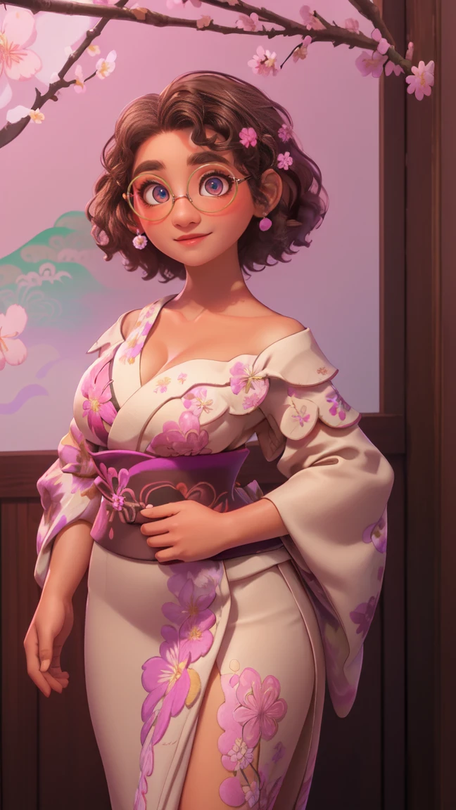 mirabel madrigal, glasses, smile, night time, (((wearing a traditional Japanese kimono with Cherry blossom pattern))), ((cleavage)), (((open shoulder))), (((brown skin))), detailed skin, perfect legs, perfect thighs, (((curvy body))), BIG BREASTS,