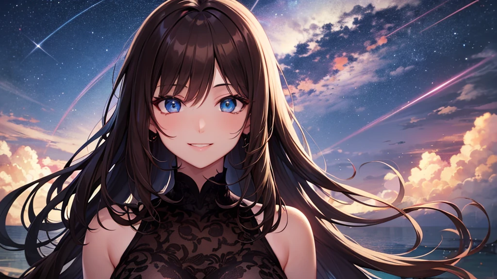 Highest quality, 8k, 4K, High resolution, High Contrast,1girl,only,Beautiful dark brown hair,Straight Long Hair,(Beautifully detailed face),Blue, clear eyes,Upper Eye,She has big breasts,２０generation, Happy, smile, Being with the owl, Clear skies