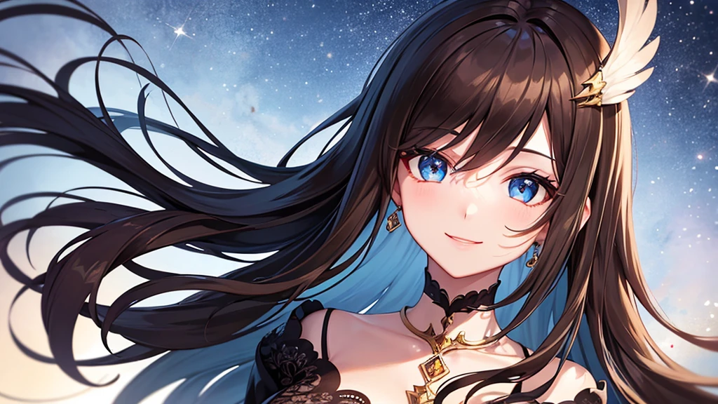 Highest quality, 8k, 4K, High resolution, High Contrast,1girl,only,Beautiful dark brown hair,Straight Long Hair,(Beautifully detailed face),Blue, clear eyes,Upper Eye,She has big breasts,20generation, Happy, smile, Being with the owl, Clear skies