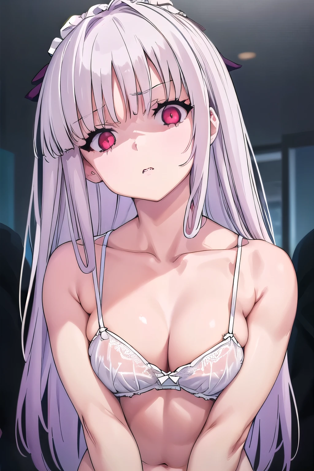 masterpiece, best quality, ultra-high-detailed, Disgusted face, white hair, red eyes, sigtuna julie , small breast, looking to viewer, deep eyes, glare eyes, upper shot, muscular, eyeshadow,  bare shoulder , Collarbone ,upper body , spaghetti straps, mirroring , medium breast , detail face, eyes to viewer , shaded face, fit body , leaning forward , in bed, cleavage  , close up of a person with a fist in a fist pose,   near camera shot, so close, midrifft , navel, muscular , shredded , face to face, leaning forward front, croptop, Side bangs down to the collarbone with curls, upper body, bra, close to viewer, front shot, A pleasant looking face,steam,front view, ABS, sixpack , muscular ,  leaning forward front, close to face, maid head scarf,  looking to viewer like trash, middle finger up, bra, middle finger, fuck you finger 